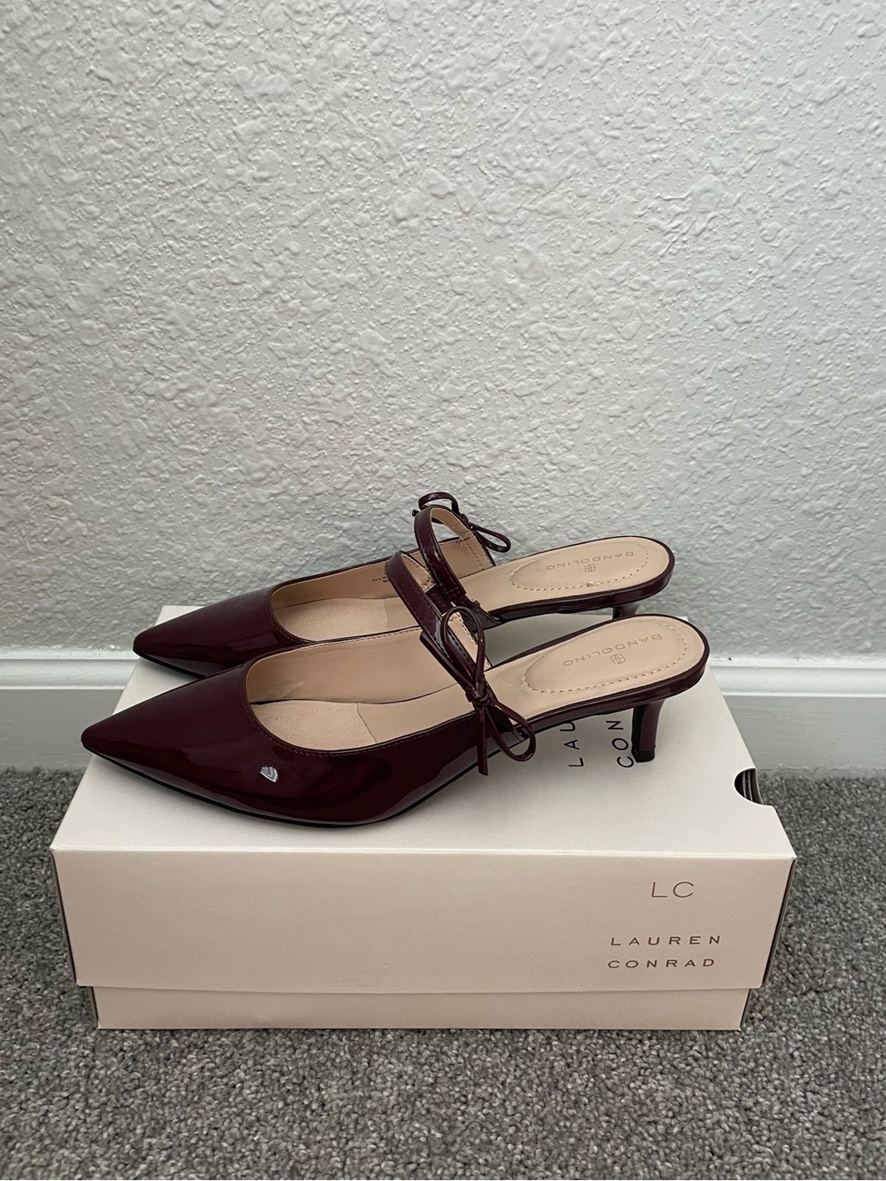 NWOT Faux Leather Patent Pointed Slingback Mules | Burgundy